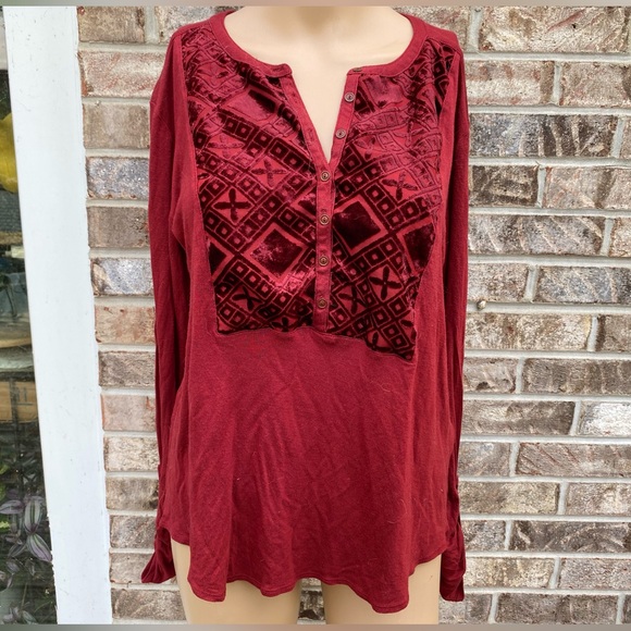 Red/Burgundy Velvet Lucky Brand Long Sleeve Blouse - Picture 3 of 12